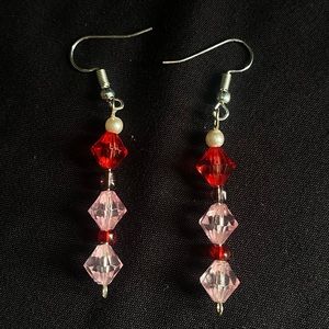 Red Pink Crystal Ruby Pearl Valentines Day Dangle Earrings